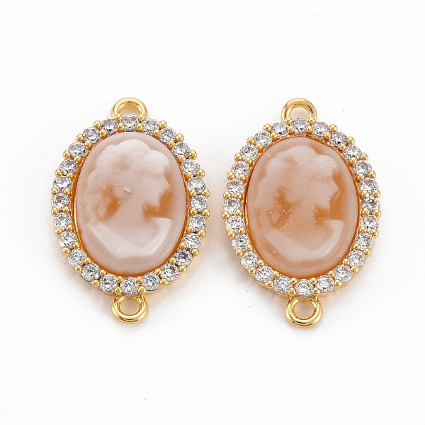 

PandaHall Brass Clear Cubic Zirconia Links Connectors, with Resin, Nickel Free, Oval with Woman, Real 18K Gold Plated, Dark Salmon...