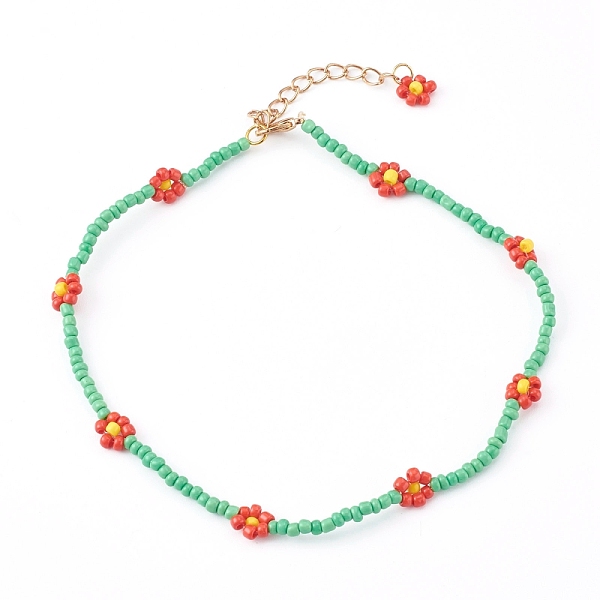 

PandaHall Opaque Glass Seed Beaded Necklaces, with Alloy Lobster Claw Clasps, Flower, Golden, Green, 12.59 inch(32cm) Glass Green
