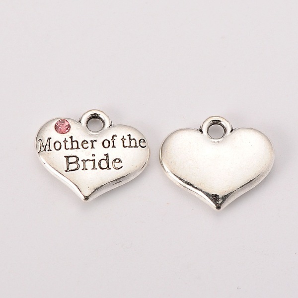 

PandaHall Wedding Theme Antique Silver Tone Tibetan Style Alloy Heart with Mother of the Bride Rhinestone Charms, Cadmium Free & Lead Free..., Pink