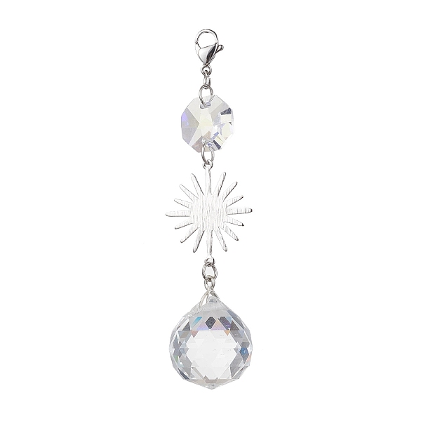 

PandaHall Brass Pendant Decoration, Glass Teardrop/Octagon and Lobster Claw Clasps Charm, Platinum, Sun, 88mm Glass Sun