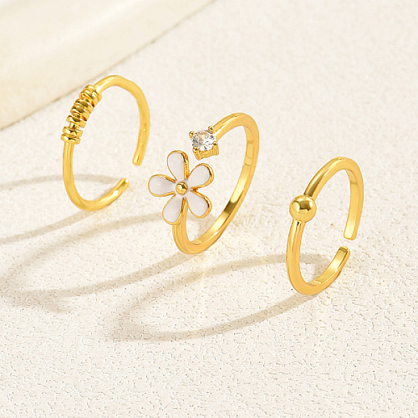 

PandaHall 3Pcs 3 Style Brass Open Cuff Rings Set, Cubic Zirconia & Enamel Flower Stackable Rings, Real 18K Gold Plated, Inner Diameter...