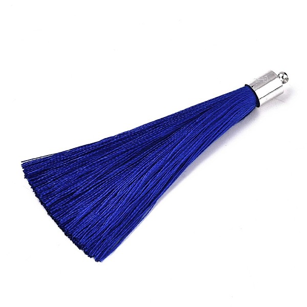 

PandaHall Fiber Tassel Big Pendant Decorations, with Platinum Plated Brass Finding, Blue, 70~73x7~25mm, Hole: 1.8mm Fibre Blue