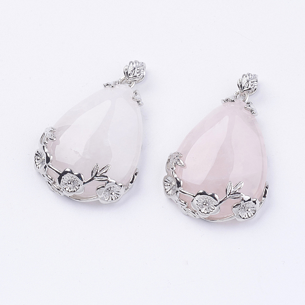 

PandaHall Teardrop with Flower Platinum Plated Brass Natural Rose Quartz Pendants, Cadmium Free & Lead Free, 38x27x9mm, Hole: 4x7.5mm Rose...