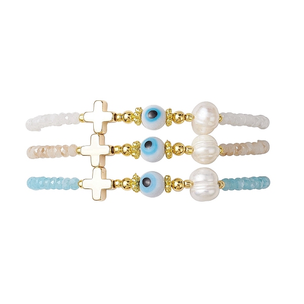 

PandaHall Glass Beaded Bracelets, with Pearl Pendants, Cross, Inner Diameter: 2-1/8~3 inch(5.45~7.7cm), 3pcs/set Pearl Cross Multicolor