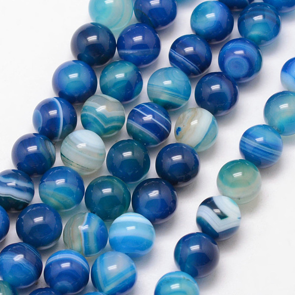 

PandaHall Natural Striped Agate/Banded Agate Bead Strands, Round, Grade A, Dyed & Heated, Deep Sky Blue, 8mm, Hole: 1mm, about 47pcs/strand...