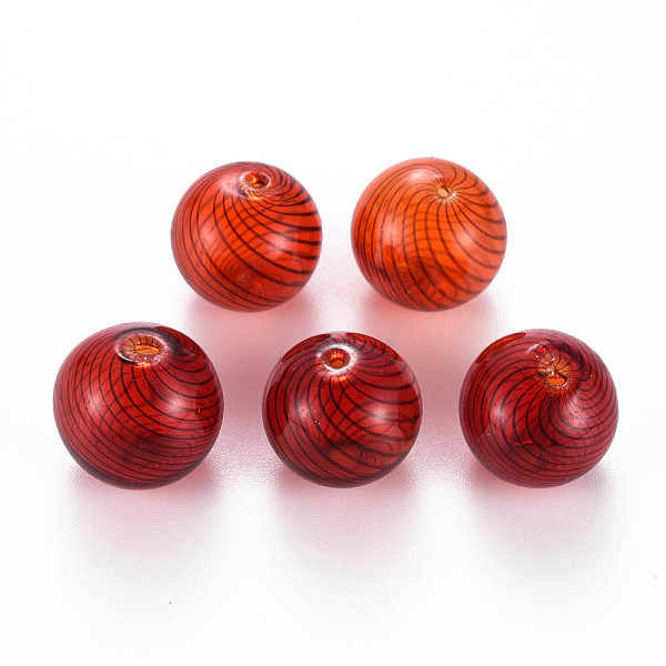 

PandaHall Transparent Handmade Blown Glass Globe Beads, Stripe Pattern, Round, FireBrick, 14.5~16mm, Hole: 1~2mm Glass Round Red