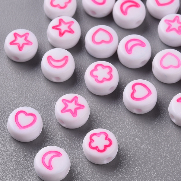 

PandaHall White Opaque Acrylic Beads, Flat Round with Heart & Flower & Moon & Star, Hot Pink, 7x4mm, Hole: 1.6mm Acrylic Flat Round