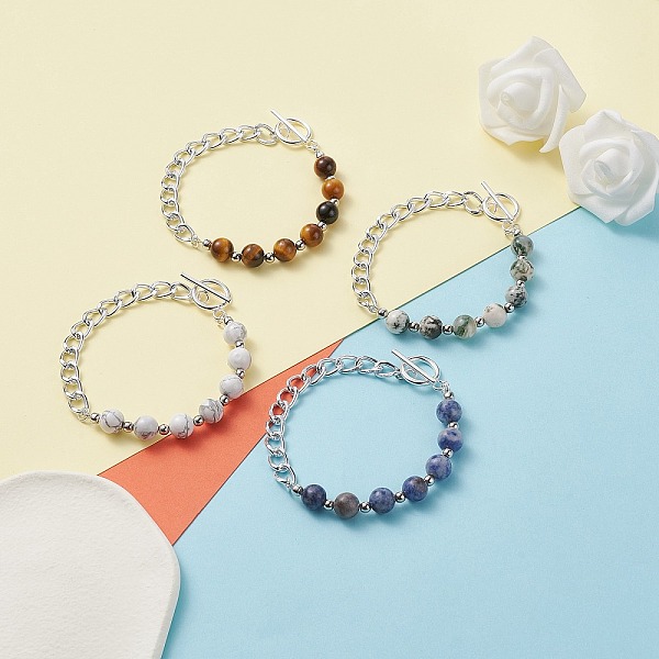

PandaHall Natural Mixed Stone Round Beaded Bracelets Set with Curb Chain for Men Women, Silver, 8-1/8 inch(20.5cm), 4pcs/set Mixed Stone..., Multicolor