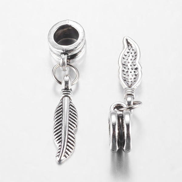 Antique Silver Tone Alloy European Feather Dangle Charms