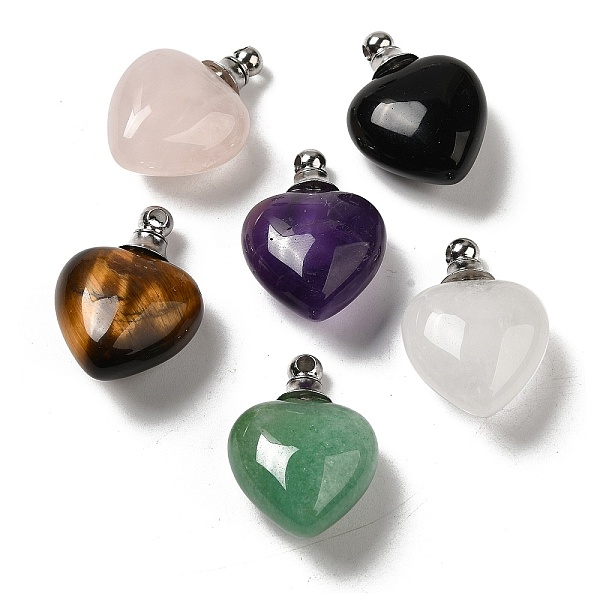 PandaHall Natural Mixed Gemstone Perfume Bottle Pendants, Heart Charms with Stainless Steel Color Plated 304 Stainless Steel Findings...