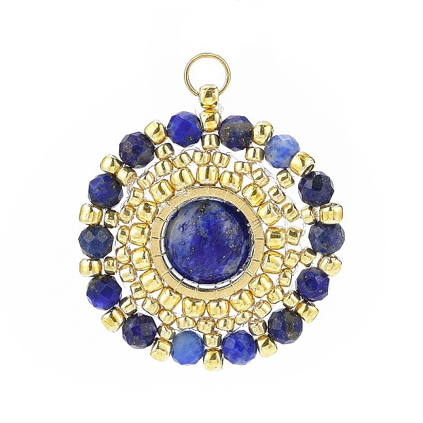 

PandaHall Handmade Japanese Seed Beads Pendants, Braided Natural Lapis Lazuli Flower Charm, Faceted, 24.5x22~23x8mm, Inner Diameter: 3mm..., Gold