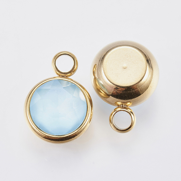 

PandaHall K9 Glass Pendants, with 304 Stainless Steel Findings, Ion Plating (IP), Faceted, Flat Round, Golden, Sky Blue, 13.5x10x6mm, Hole...
