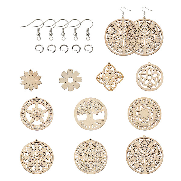 PandaHall DIY 40 Pairs Natural Wooden Earring Making Kits, Including Laser Cut Shapes Big Pendants, Brass Earring Hooks, Flower, BurlyWood...