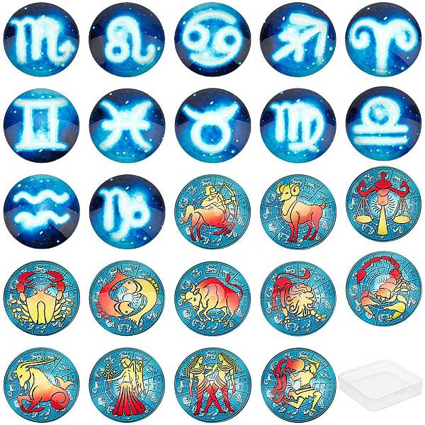 

PandaHall SUNNYCLUE Glass Cabochons, Half Round with 12 Constellations, Mixed Color, 25x7~8mm, 2sets/Box Glass Constellation Multicolor