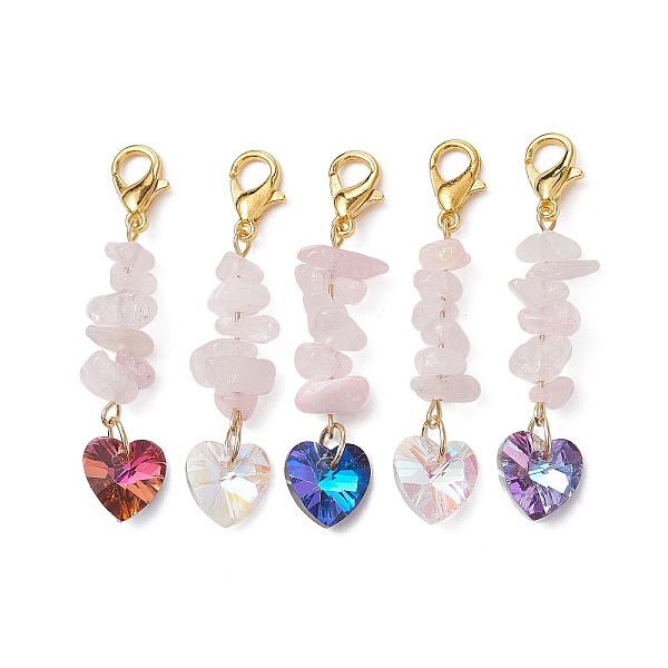 

PandaHall Natural Rose Quartz Chip Pendant Decorations, with Glass Heart Pendant and Alloy Lobster Claw Clasps, Mixed Color, 47.5mm Rose..., Multicolor