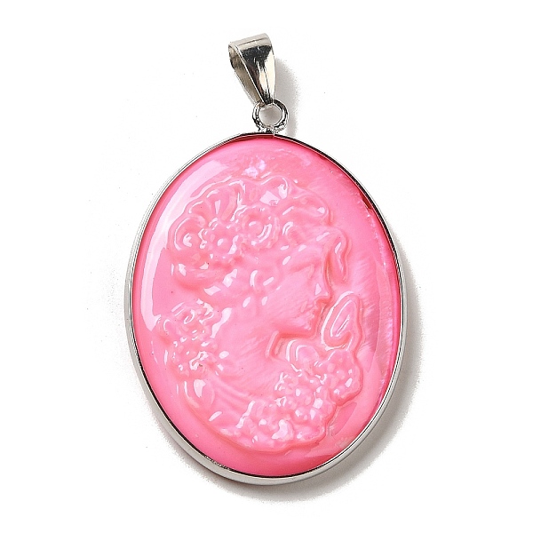 

PandaHall Dyed Natural White Shell Cameo Woman Pendants, Brass Oval Charms with Platinum Plated Iron Snap on Bails, Hot Pink, 44x31.5x4mm...