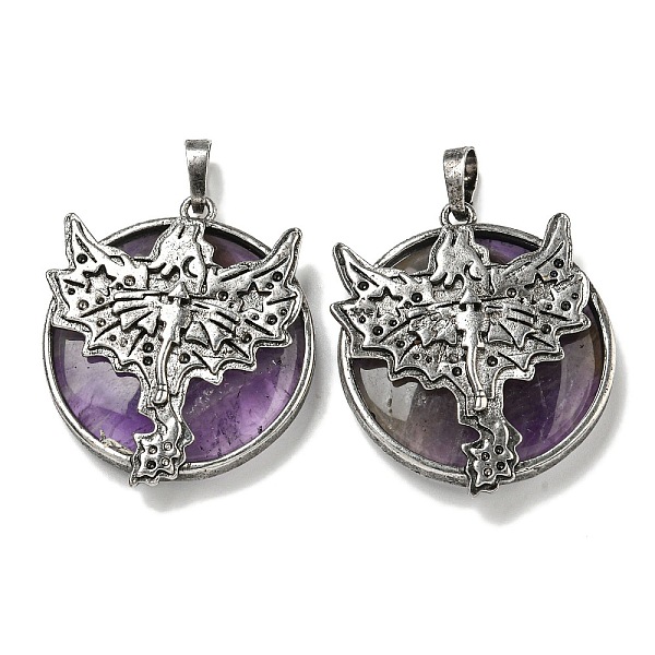

PandaHall Natural Amethyst Flat Round Pendants, Rack Plating Brass Dragon Charms, Antique Silver, Cadmium Free & Lead Free, 38x32x7mm, Hole...