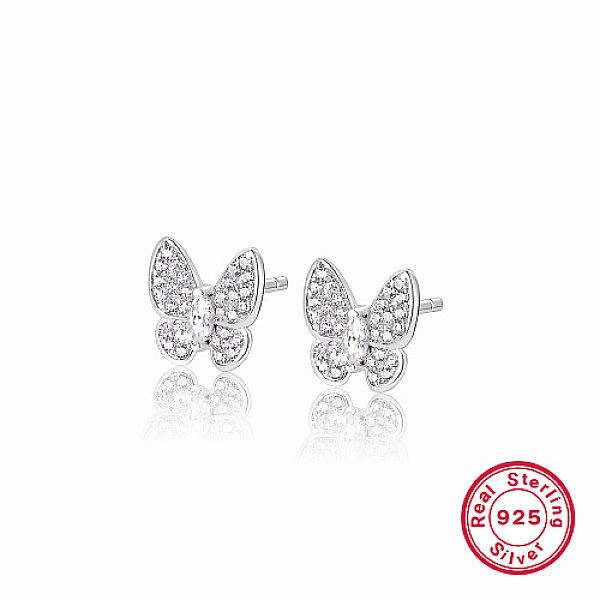 

PandaHall Butterfly Rhodium Plated 925 Sterling Silver Micro Pave Cubic Zirconia Stud Earrings, Clear, 9.4mm Sterling Silver Butterfly Clear