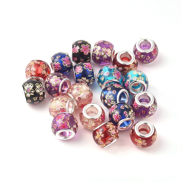 

PandaHall Transparent Printed Glass European Beads, Large Hole Beads, with Brass Silver Color Plated Core, Rondelle, Mixed Color, 12x10mm..., Multicolor
