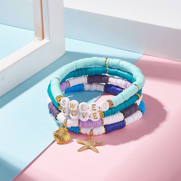 

PandaHall 4Pcs 4 Style Handmade Polymer Clay Heishi Surfer Stretch Bracelets Set with Alloy Shell Starfish Charm, Word Sweet Love Preppy..., Multicolor