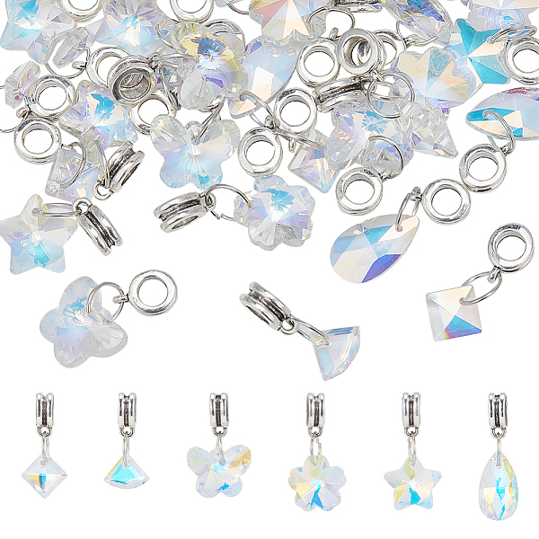 

PandaHall 30Pcs 6 Style AB Color Plated Facted Glass Pendants, with Alloy Findings, Butterfly & Flower & Star & Teardrop & Rhombus & Fan..., White