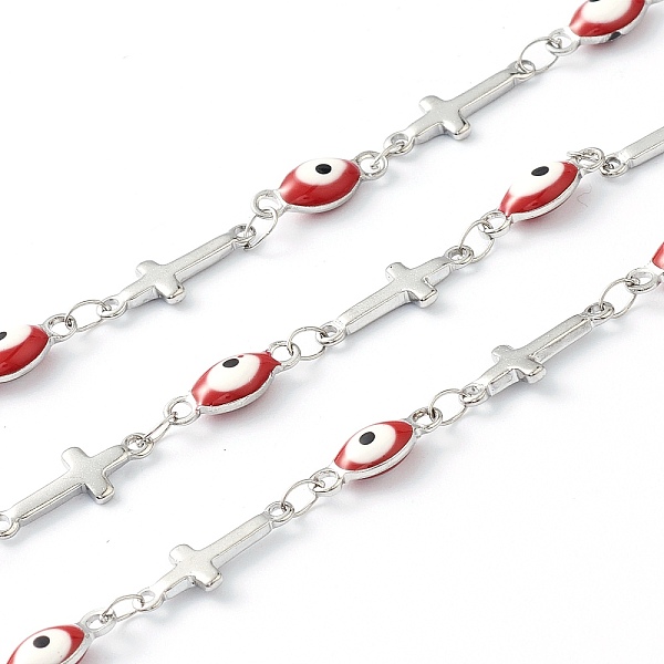 

PandaHall 304 Stainless Steel Enamel Link Chains, Oval Evil Eye & Cross, Unwelded, with Spool, Stainless Steel Color, Red, Evil Eye...