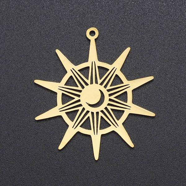 

PandaHall 201 Stainless Steel Pendants, Laser Cut, Sun with Moon, Golden, 33.5x30x1mm, Hole: 1.4mm 201 Stainless Steel Sun