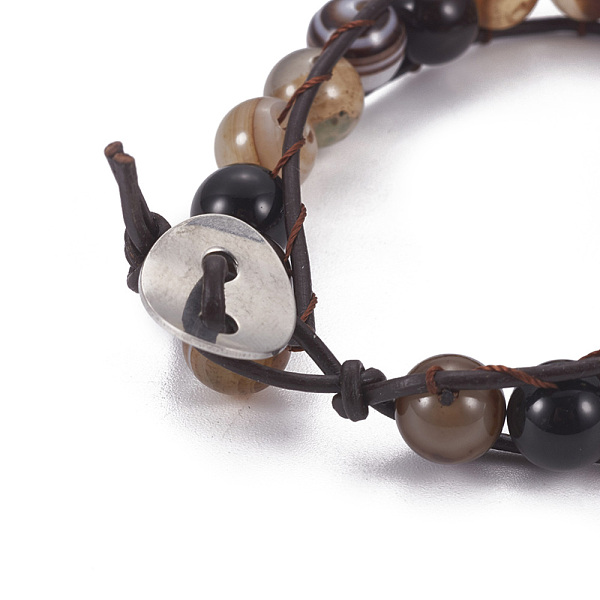 

PandaHall Natural Striped Agate/Banded Agate Cord Bracelets, with Cowhide Leather Cord and 304 Stainless Steel Sewing Buttons, Camel, 8-1/4..., Brown