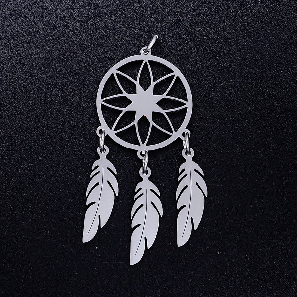 

PandaHall 201 Stainless Steel Pendants, with Jump Rings, Woven Net/Web with Feather, Stainless Steel Color, 46x20x1mm, Hole: 3mm, Ring...