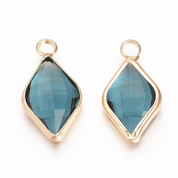 

PandaHall Glass Pendants, with Brass Findings, Faceted, Rhombus, Nickel Free, Raw(Unplated), Steel Blue, 18x10x4.5mm, Hole: 2mm Brass+Glass...