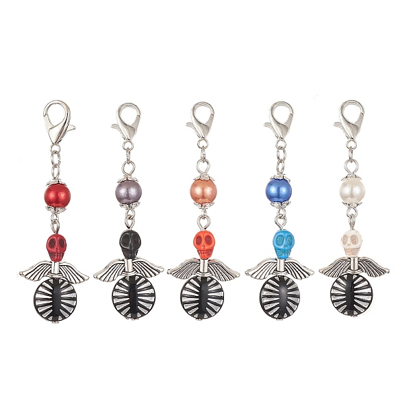

PandaHall Dyed Synthetic Turquoise Skull Pendant Decorations, with Flat Round Acrylic Beads and Wing Tibetan Style Alloy Beads, Zinc Alloy..., Multicolor