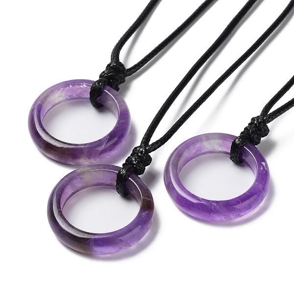 Natural Amethyst Ring Pendant Necklace With Waxed Cords