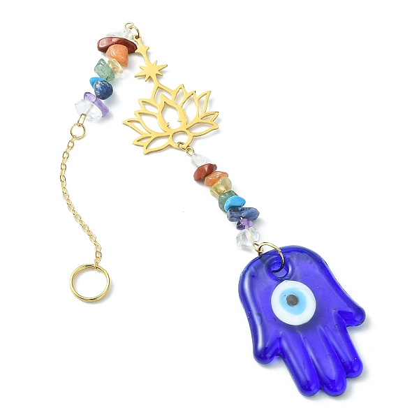 

PandaHall Gemstone Chip Beaded Pendant Decorations, with Evil Eye Lampwork and 201 Stainless Steel Lotus Hanging Ornaments, Hamsa Hand...