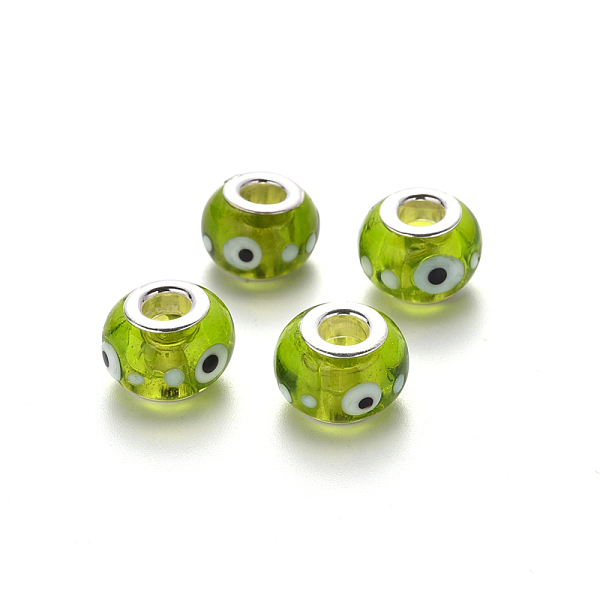 

PandaHall Handmade Lampwork European Beads, Large Hole Rondelle Beads, with Platinum Tone Brass Double Cores, Rondelle, Yellow Green...