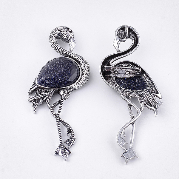 

PandaHall Synthetic Blue Goldstone Brooches/Pendants, with Alloy Findings, Flamingo Shape, Antique Silver, 83.5x38x12mm, hole: 4x3mm, Pin...