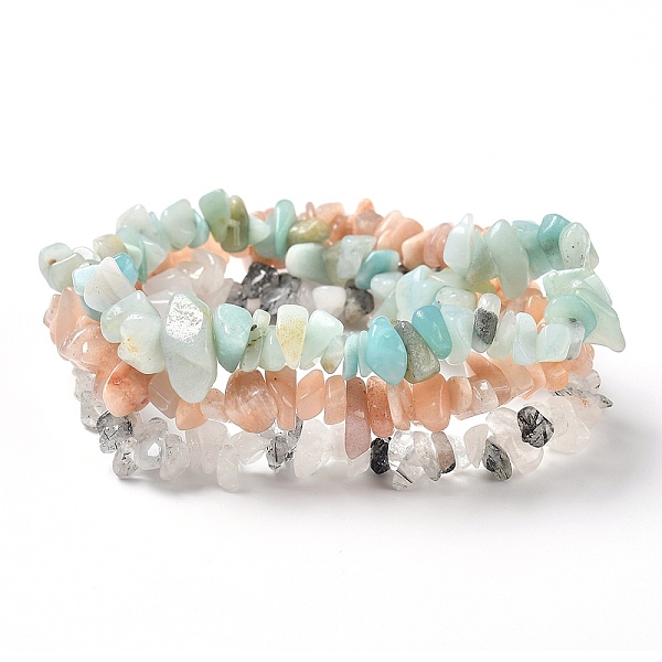 

PandaHall Chips Natural Rutilated Quartz & Flower Amazonite & Sunstone Beaded Stretch Bracelets Sets, Stackable Bracelets, Inner Diameter..., Multicolor