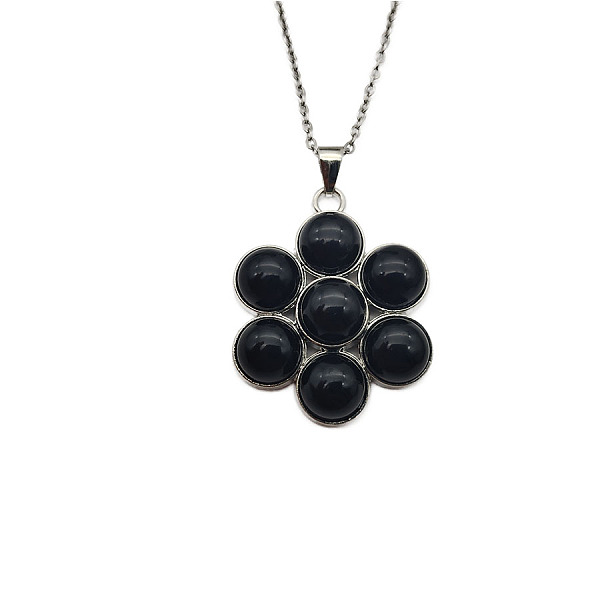 

PandaHall Natural Black Agate Flower Pendant Necklace Black Agate