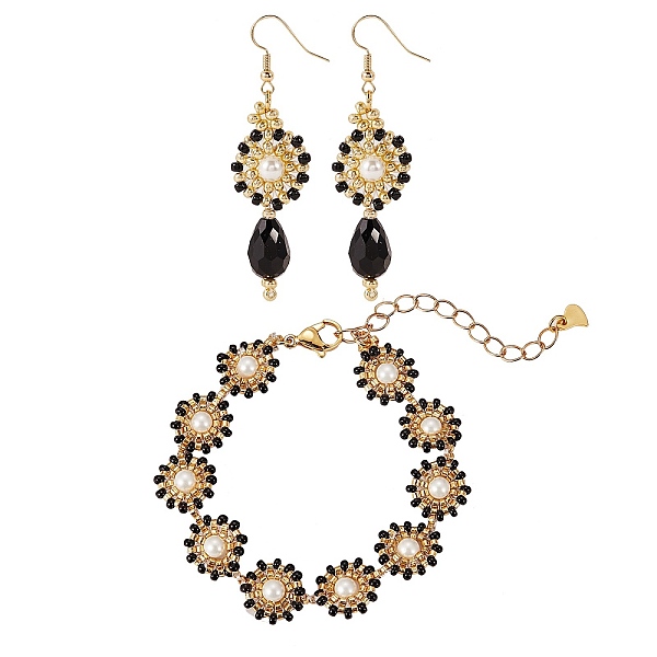

PandaHall Shell Pearl & Glass Seed Braided Flat Round Dangle Earring and Beaded Bracelets Sets, Brass Wire Wrap Jewelry Set for Women, Black...