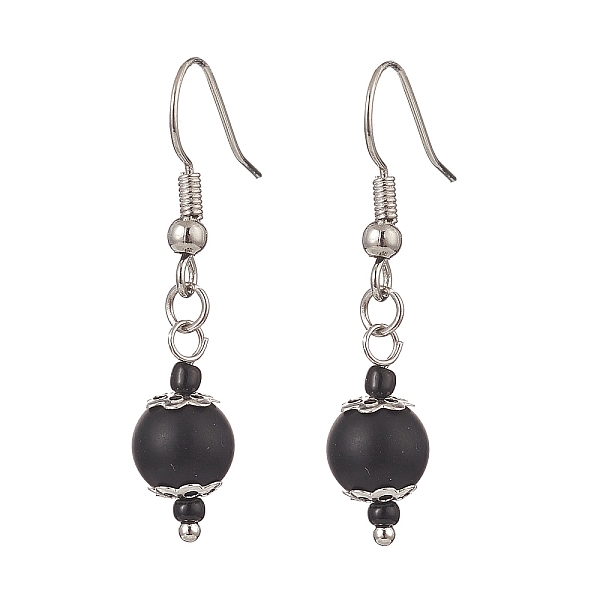 

PandaHall Synthetic Black Stone & Glass Round Beaded Dangle Earrings, Brass Jewelry for Women, Platinum, 37mm, Pin: 0.7mm Black Stone