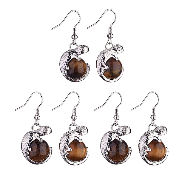 

PandaHall Natural Tiger Eye Chameleon Dangle Earrings with Crystal Rhinestone, Platinum Brass Jewelry for Women, 39mm, Pin: 0.7mm Tiger Eye