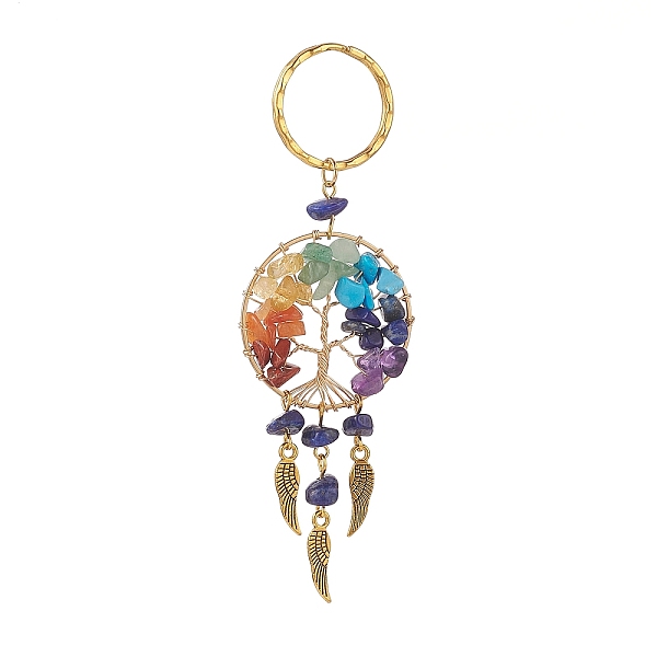 

PandaHall Natural Lapis Lazuli Keychain, with Iron Split Key Rings, Alloy Wing Charms and Mixed Gemstone Tree of Life Linking Rings, 11.2cm...