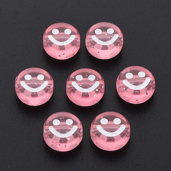 

PandaHall Transparent Acrylic Beads, with Glitter Powder, Flat Round with White Enamel Smile Face, Pink, 10x5mm, Hole: 2mm, about...