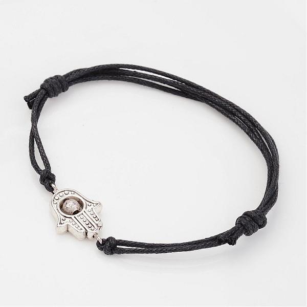 

PandaHall Adjustable Tibetan Style Alloy Beads and Waxed Cotton Cord Bracelets, Hamsa Hand/Hand of Fatima/Hand of Miriam, Antique Silver...