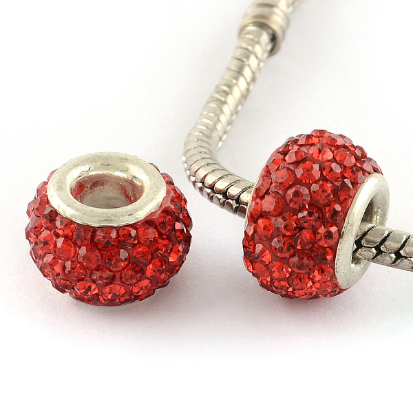 

PandaHall Handmade Polymer Clay Rhinestone European Beads, Large Hole Rondelle Beads, with Silver Color Plated Iron Cores, Siam..., Red