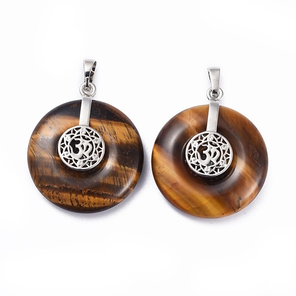 

PandaHall Natural Tiger Eye Pendants, with Platinum Tone Brass Findings, Donut/Pi Disc with Aum/Om Symbol, 35.5x30x8.5~9.5mm, Hole..., Brown