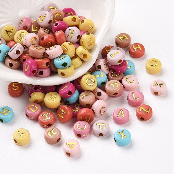 

PandaHall Opaque Mixed Color Acrylic Beads, Metal Enlaced, Flat Round with Random Letters, Golden Plated, 7x4mm, Hole: 1.8mm, about..., Multicolor