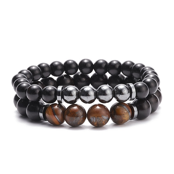 

PandaHall 2Pcs 2 Style Natural Ebony Wood & Tiger Eye & Synthetic Hematite Beaded Stretch Bracelets Set, Gemstone Yoga Jewelry for Women..., Black