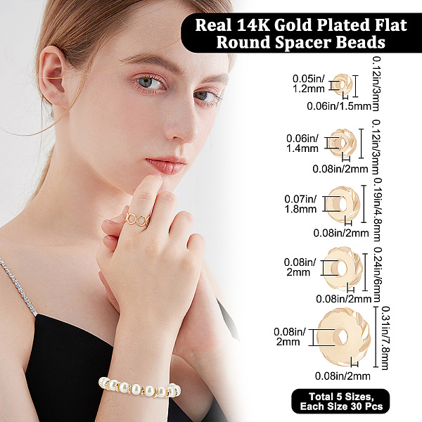 

PandaHall Beebeecraft 1 Box 150Pcs 5 Style Flat Round Spacer Beads 14K Gold Plated Brass Loose Jewelry Making Beads Rondelle Coin Disc Metal...