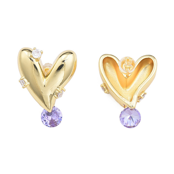 

PandaHall Cubic Zirconia Heart Stud Earrings, Golden Brass Jewelry for Women, Nickel Free, Lilac, 26x20mm, Pin: 0.7mm Cubic Zirconia Heart..., Purple
