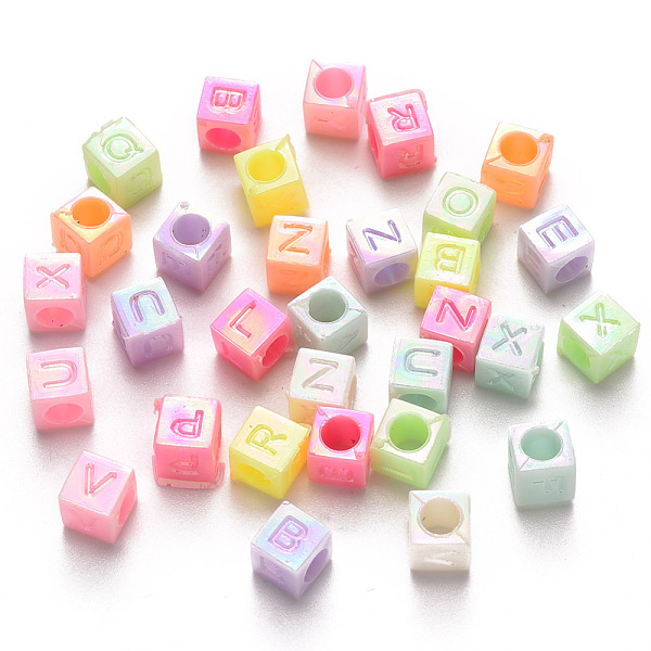 

PandaHall Opaque Acrylic Beads, AB Color Plated, Horizontal Hole, Cube with Mixed Initial Letters, Mixed Color, 6x6x6mm, Hole: 3mm, about..., Multicolor